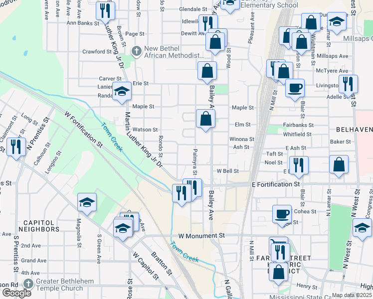 map of restaurants, bars, coffee shops, grocery stores, and more near 147 Ash Street in Jackson