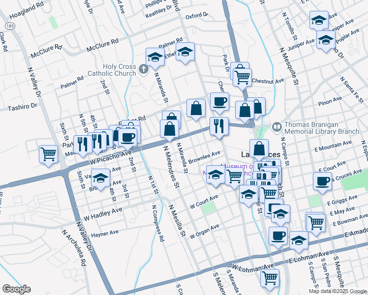 map of restaurants, bars, coffee shops, grocery stores, and more near 800 North Miranda Street in Las Cruces
