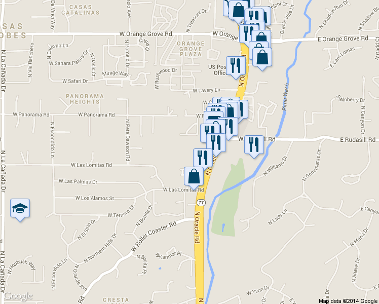 map of restaurants, bars, coffee shops, grocery stores, and more near 5921 North Oracle Road in Tucson
