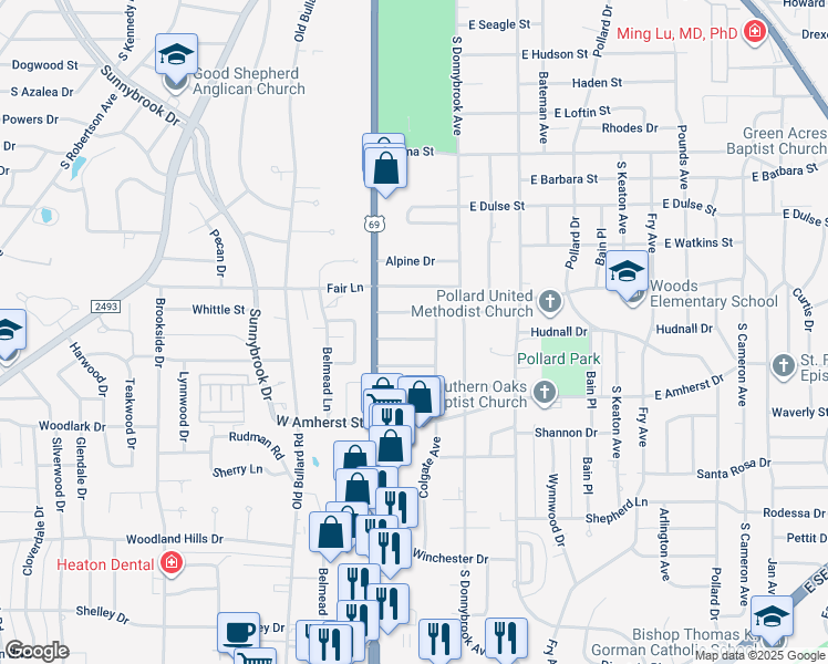 map of restaurants, bars, coffee shops, grocery stores, and more near 212 East Sheridan Street in Tyler