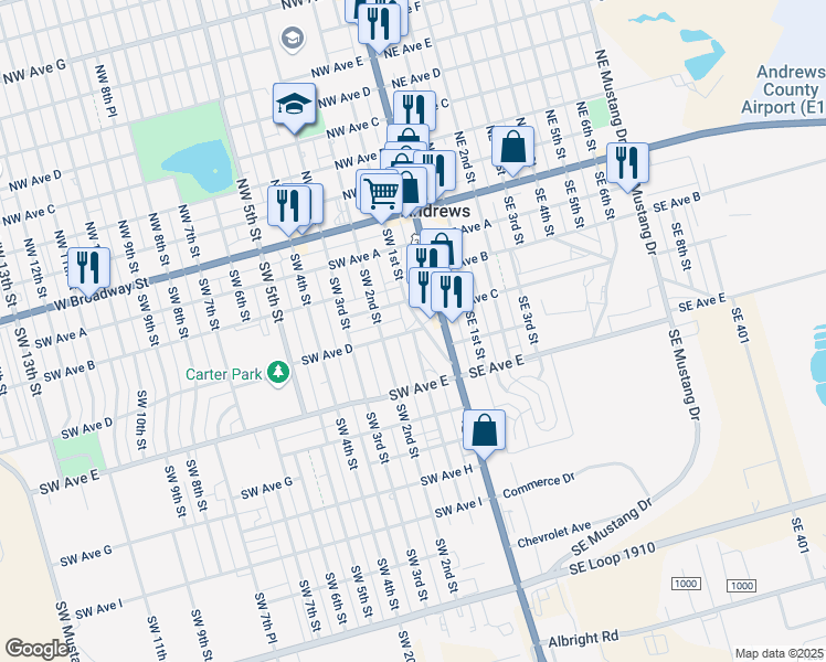 map of restaurants, bars, coffee shops, grocery stores, and more near 201 Southwest Avenue D in Andrews