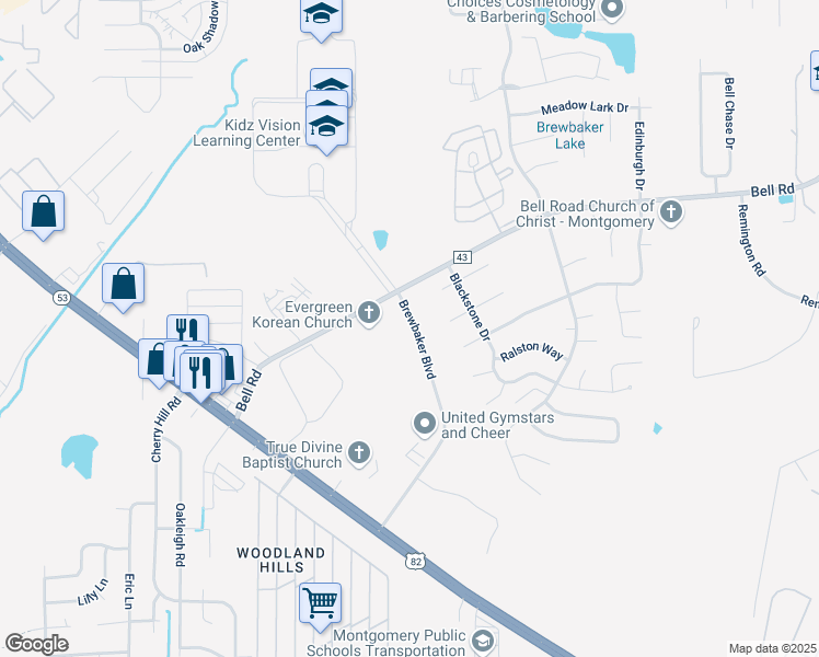 map of restaurants, bars, coffee shops, grocery stores, and more near 5840 Brewbaker Boulevard in Montgomery