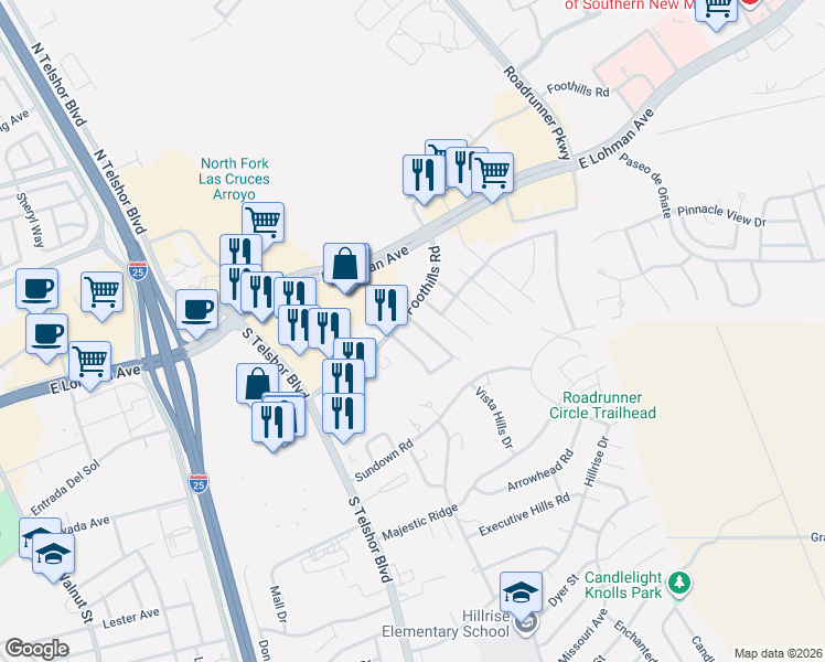 map of restaurants, bars, coffee shops, grocery stores, and more near 3530 Foothills Road in Las Cruces