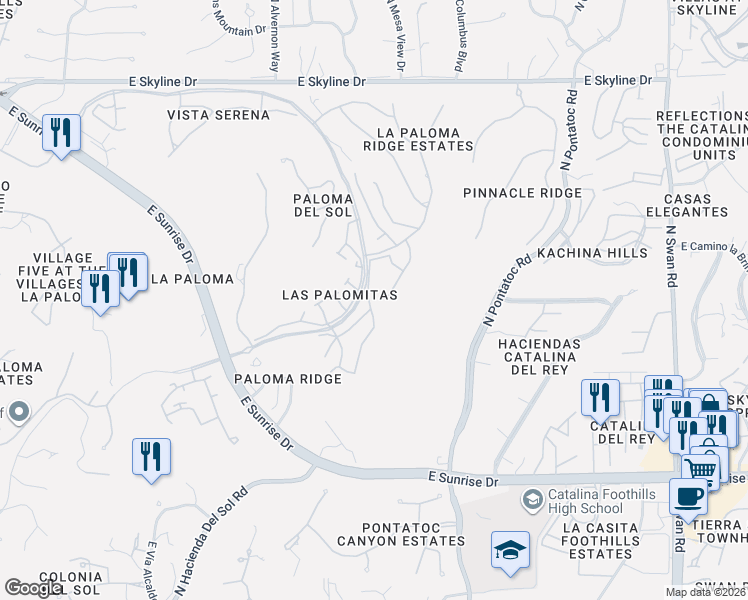 map of restaurants, bars, coffee shops, grocery stores, and more near 5948 North Misty Ridge Drive in Tucson