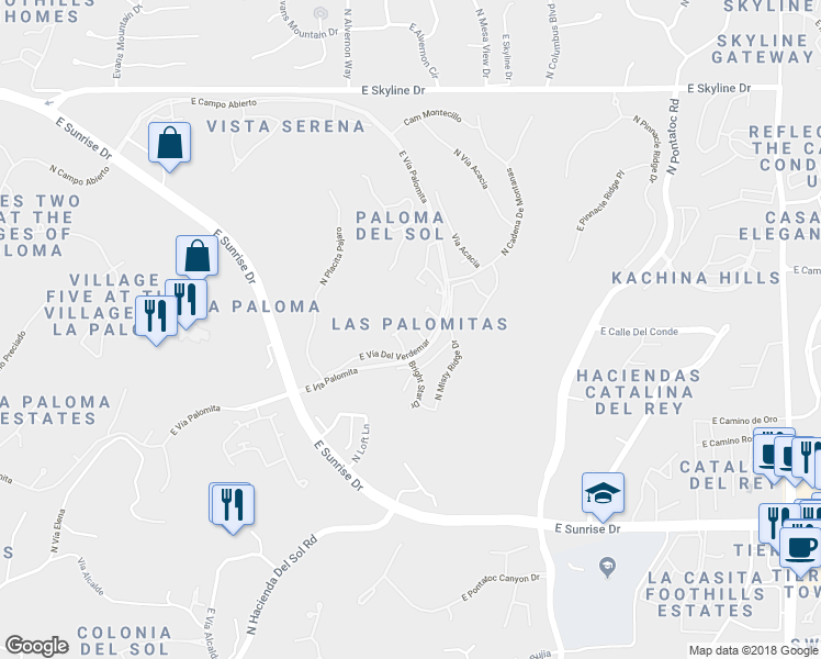 map of restaurants, bars, coffee shops, grocery stores, and more near 4048 East Via Del Mirlillo in Tucson