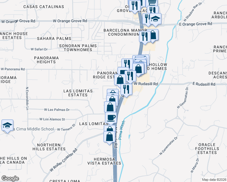 map of restaurants, bars, coffee shops, grocery stores, and more near 5901 North Oracle Road in Tucson