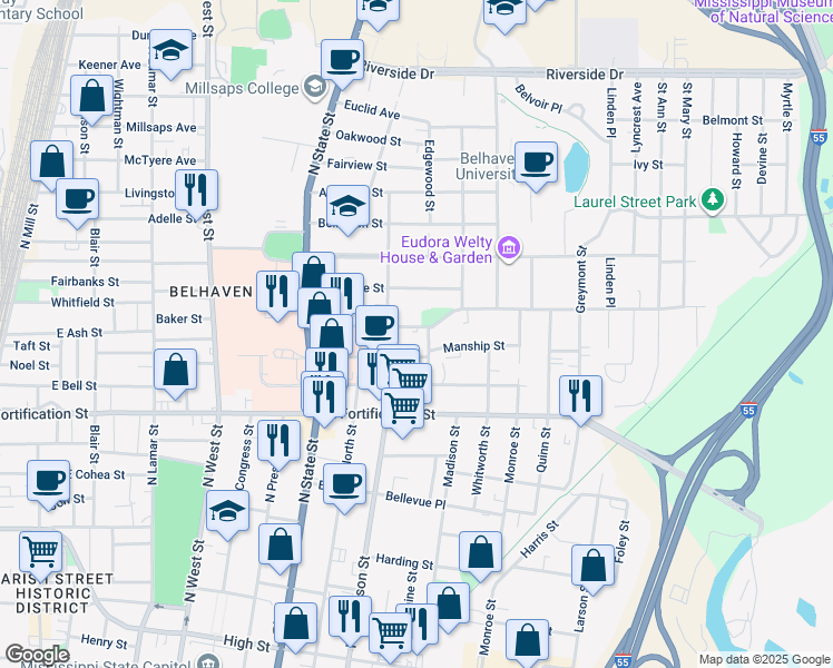 map of restaurants, bars, coffee shops, grocery stores, and more near 1211 Kenwood Place in Jackson