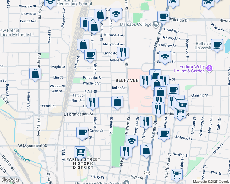 map of restaurants, bars, coffee shops, grocery stores, and more near 347 Spanish Court in Jackson