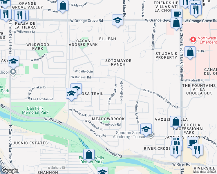 map of restaurants, bars, coffee shops, grocery stores, and more near 2601 West Edenbrook Place in Tucson