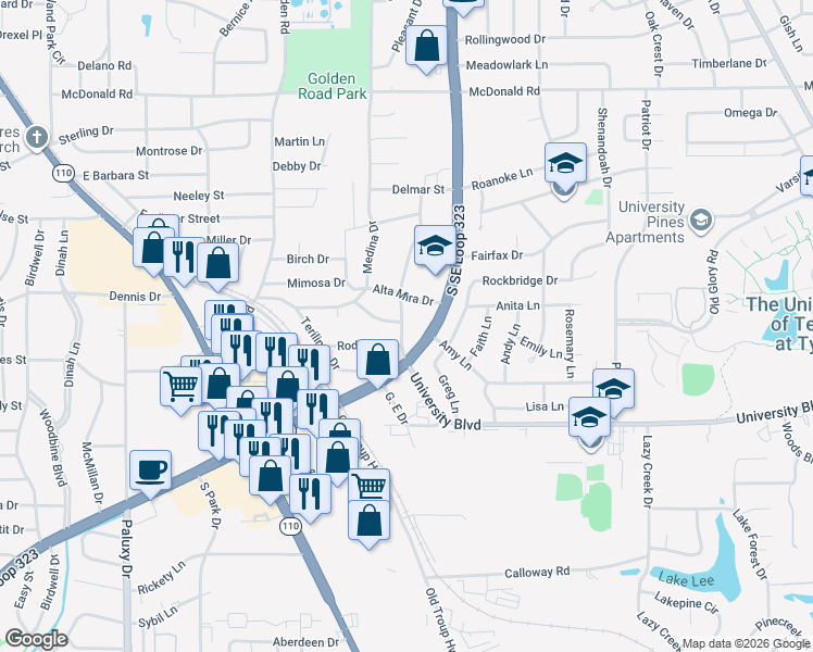 map of restaurants, bars, coffee shops, grocery stores, and more near 3032 Santa Elena Drive in Tyler