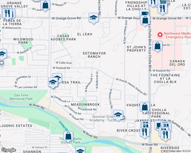 map of restaurants, bars, coffee shops, grocery stores, and more near 5921 North Belbrook Drive in Tucson