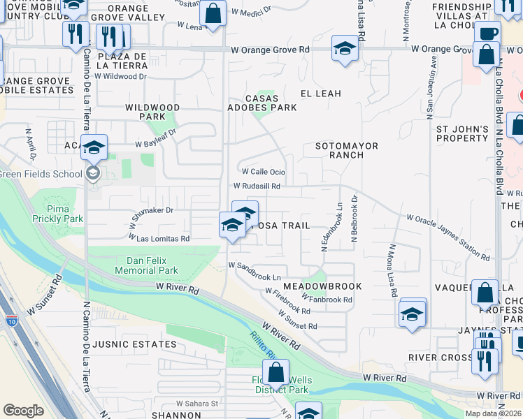 map of restaurants, bars, coffee shops, grocery stores, and more near 2819 West Greenstreak Drive in Tucson