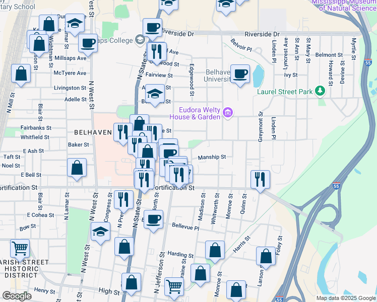 map of restaurants, bars, coffee shops, grocery stores, and more near 1211 Kenwood Place in Jackson