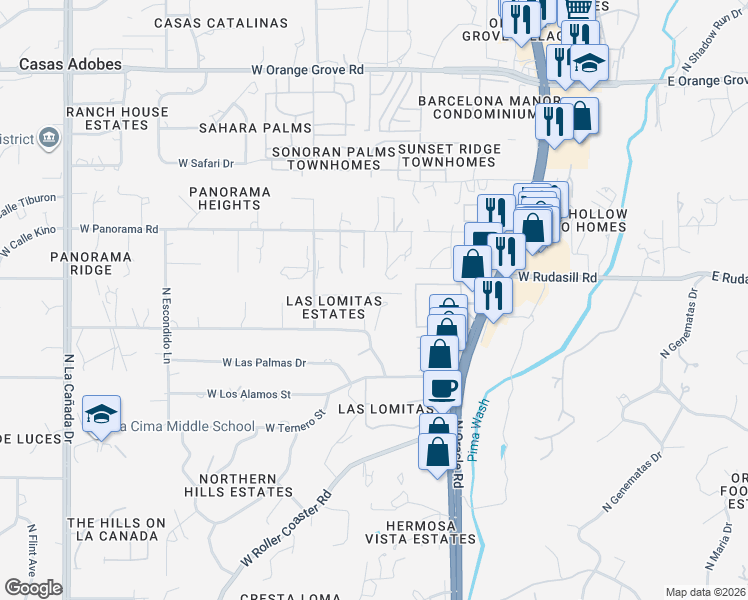 map of restaurants, bars, coffee shops, grocery stores, and more near 740 West Las Lomitas Road in Tucson