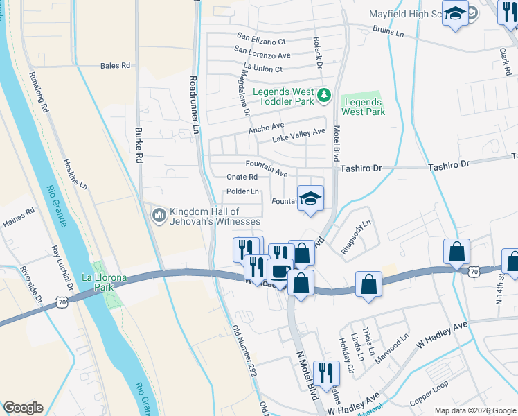 map of restaurants, bars, coffee shops, grocery stores, and more near 2968 Daffodil Lane in Las Cruces