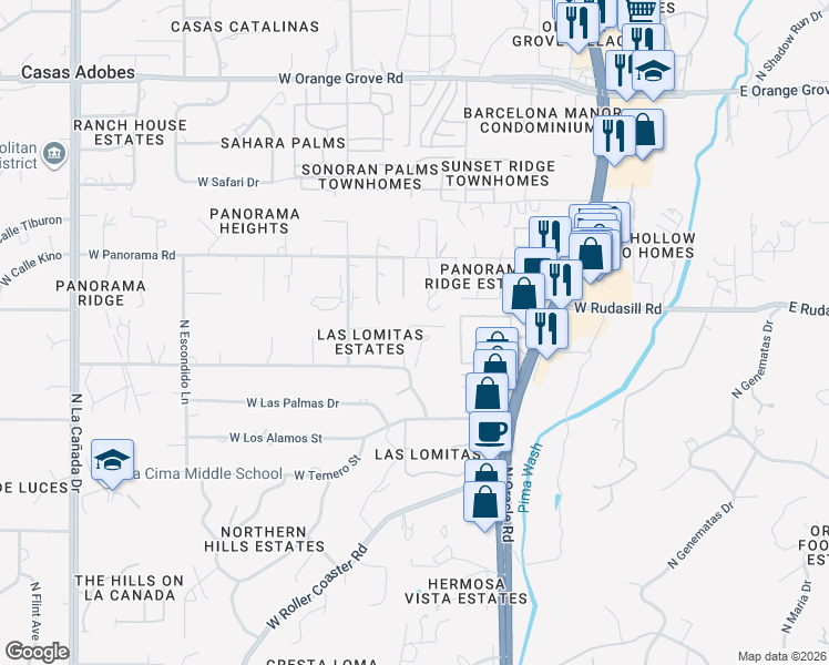 map of restaurants, bars, coffee shops, grocery stores, and more near 740 West Las Lomitas Road in Tucson