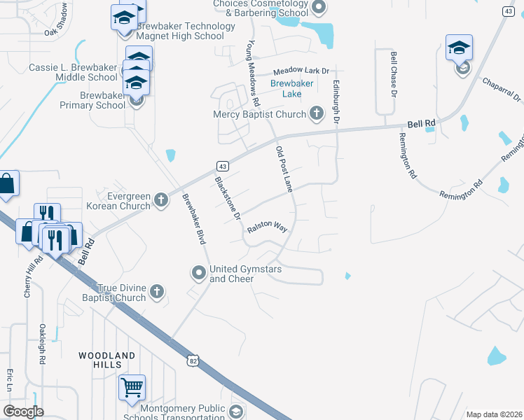 map of restaurants, bars, coffee shops, grocery stores, and more near 5936 Ralston Way in Montgomery