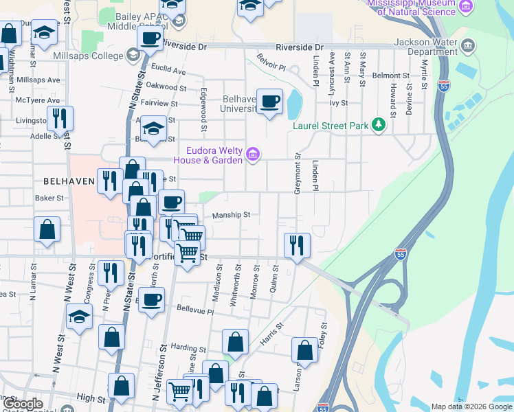 map of restaurants, bars, coffee shops, grocery stores, and more near 1100 Manship Street in Jackson