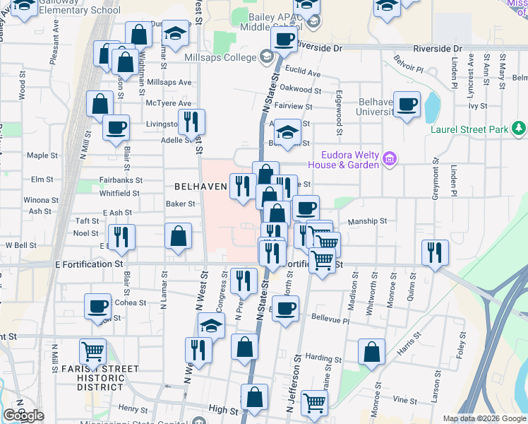 map of restaurants, bars, coffee shops, grocery stores, and more near in Jackson