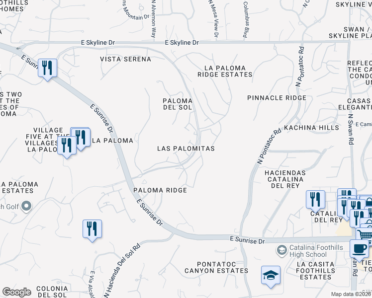 map of restaurants, bars, coffee shops, grocery stores, and more near 4048 East Via Del Mirlillo in Tucson