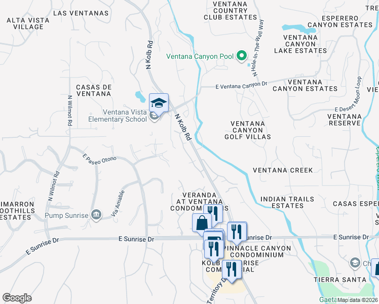 map of restaurants, bars, coffee shops, grocery stores, and more near 5855 North Kolb Road in Tucson