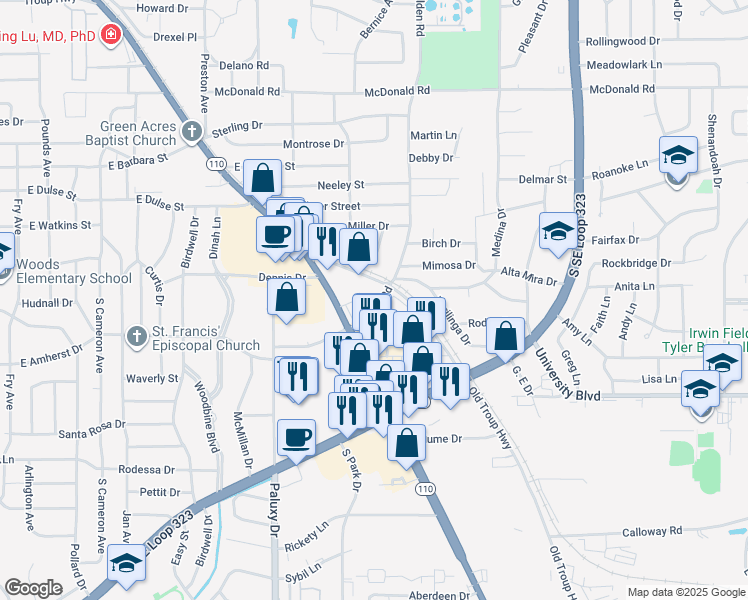 map of restaurants, bars, coffee shops, grocery stores, and more near 3100-3110 Golden Road in Tyler