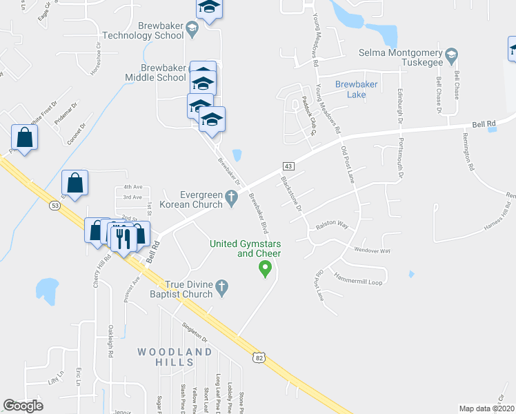 map of restaurants, bars, coffee shops, grocery stores, and more near 5831 Brewbaker Boulevard in Montgomery