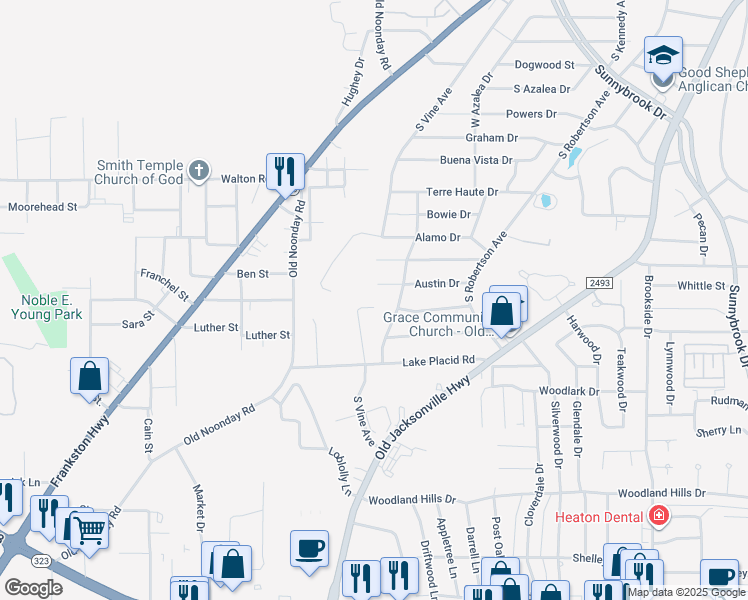 map of restaurants, bars, coffee shops, grocery stores, and more near 3113 Vineyard in Tyler