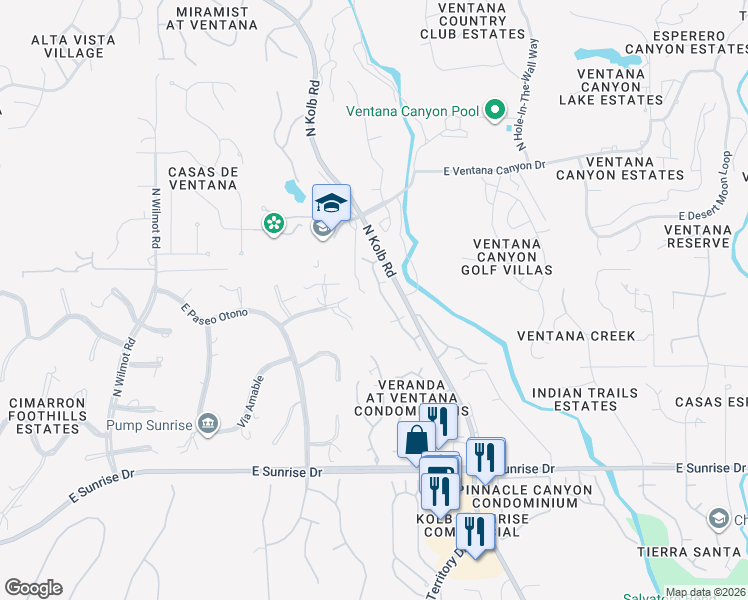 map of restaurants, bars, coffee shops, grocery stores, and more near 5855 North Kolb Road in Tucson