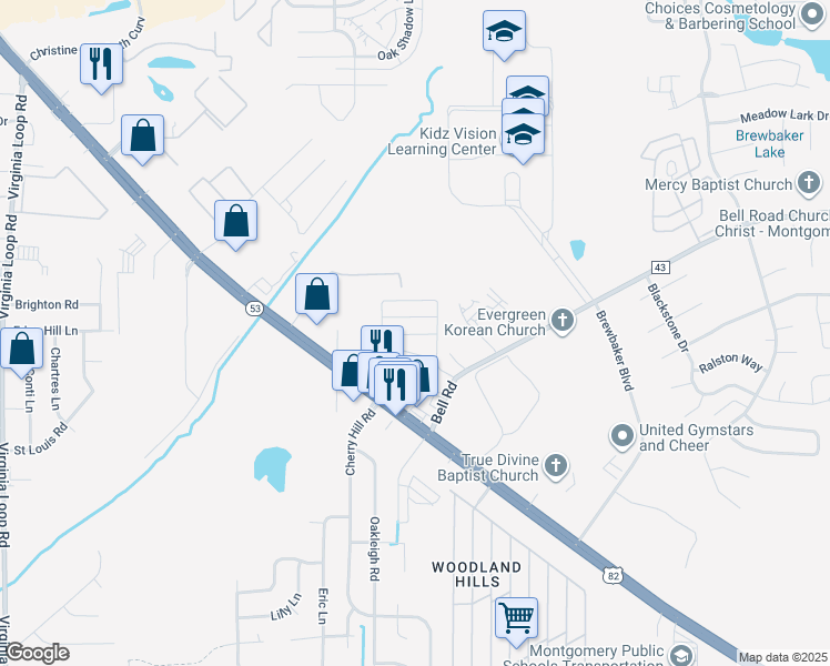 map of restaurants, bars, coffee shops, grocery stores, and more near 5700 Bell Road in Montgomery