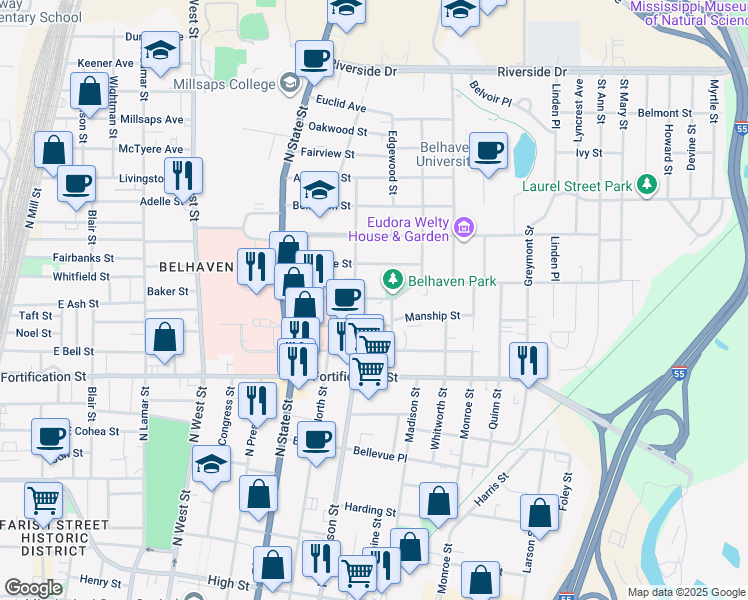 map of restaurants, bars, coffee shops, grocery stores, and more near 1211 Kenwood Place in Jackson