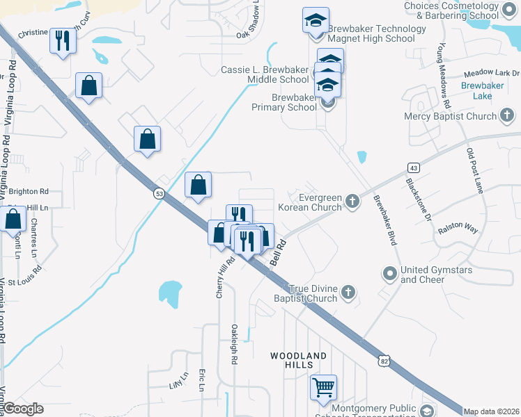 map of restaurants, bars, coffee shops, grocery stores, and more near 5700 Bell Road in Montgomery