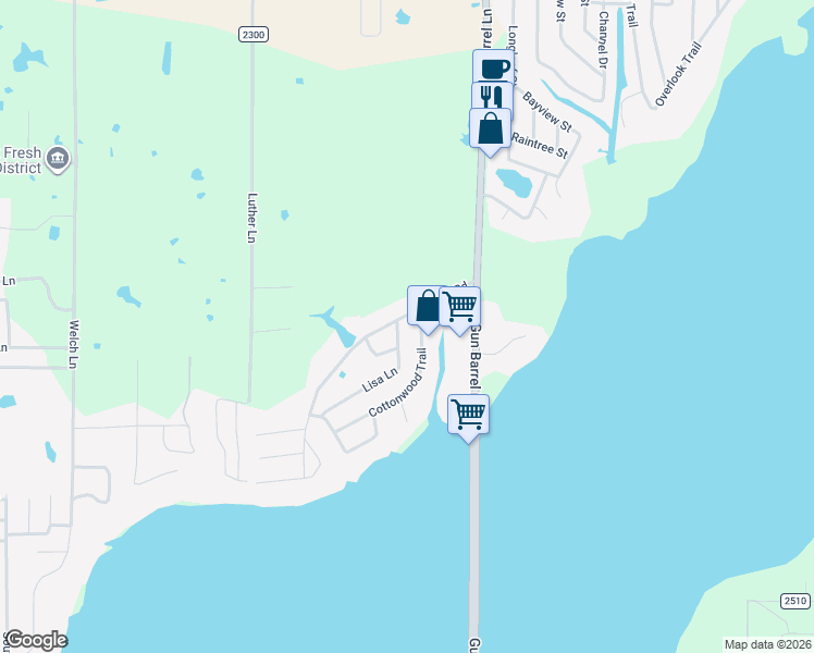 map of restaurants, bars, coffee shops, grocery stores, and more near 109 Lisa Layne in Gun Barrel City
