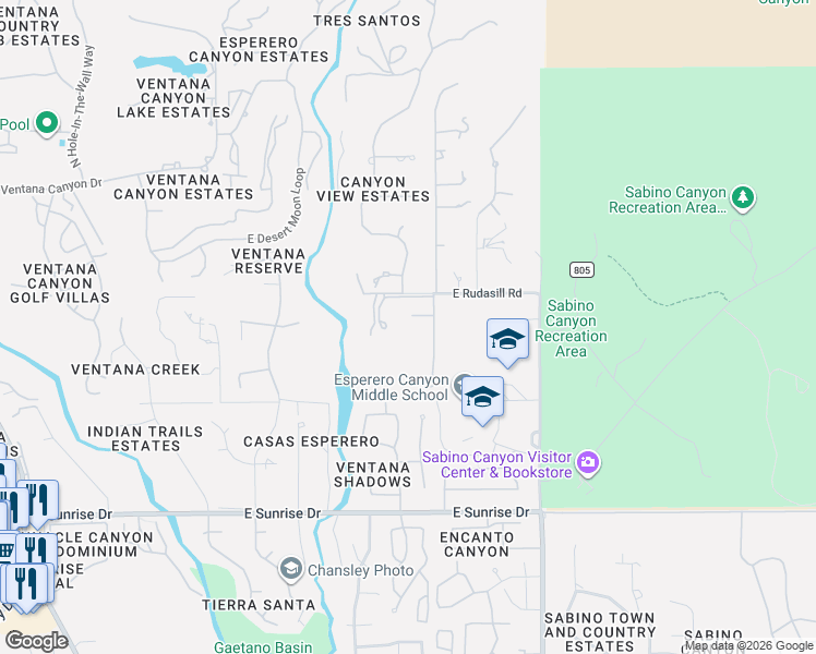map of restaurants, bars, coffee shops, grocery stores, and more near 5941 North Sabino Shadow Lane in Tucson