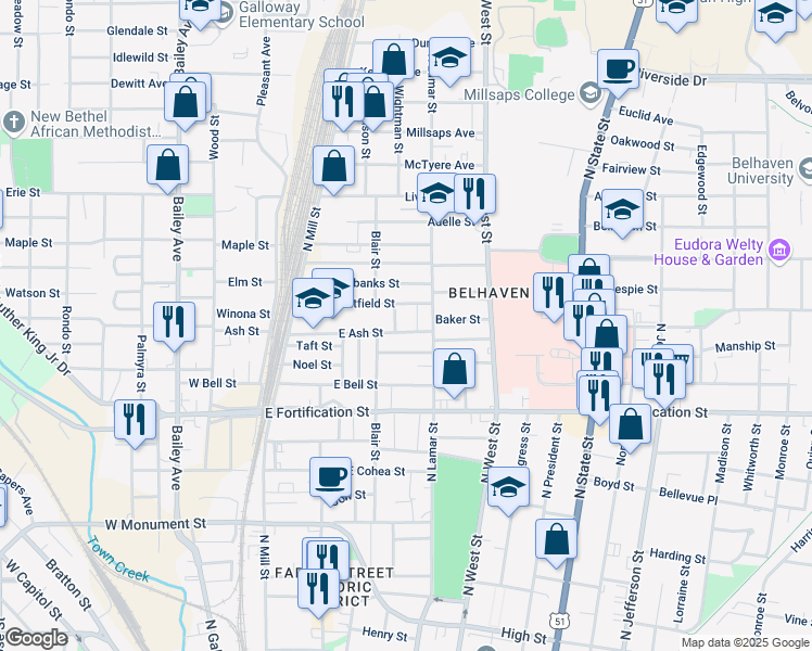 map of restaurants, bars, coffee shops, grocery stores, and more near 228 Manship Street in Jackson