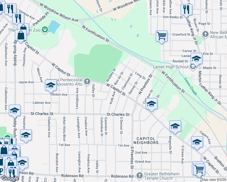 map of restaurants, bars, coffee shops, grocery stores, and more near 107 Kolb Avenue in Jackson