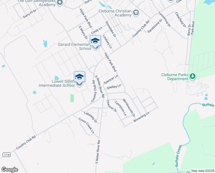 map of restaurants, bars, coffee shops, grocery stores, and more near 1413 Chaucer Drive in Cleburne