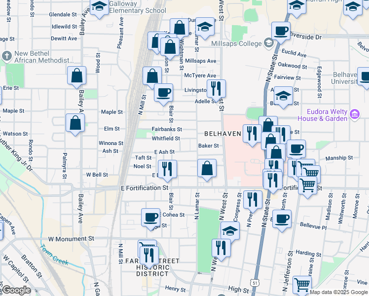 map of restaurants, bars, coffee shops, grocery stores, and more near 228 Manship Street in Jackson