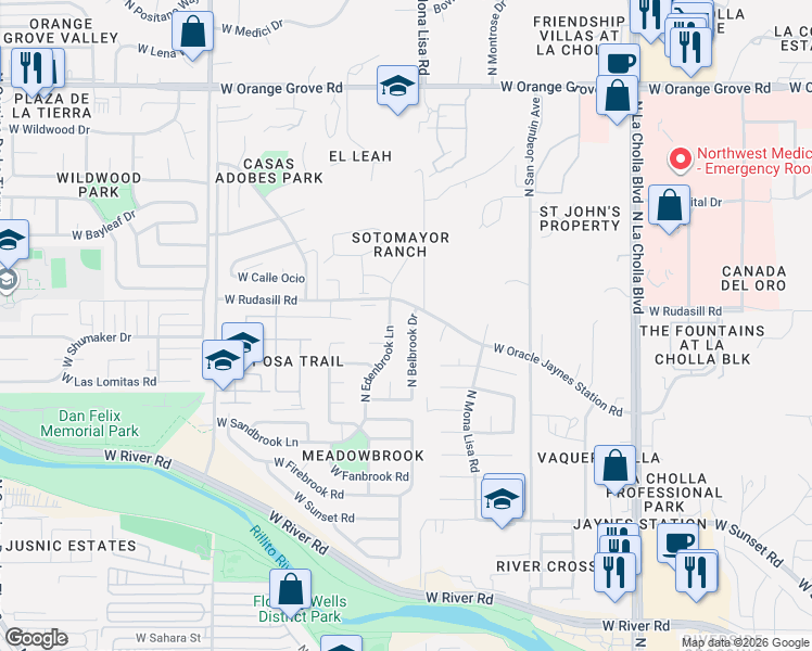 map of restaurants, bars, coffee shops, grocery stores, and more near 5961 North Belbrook Drive in Tucson