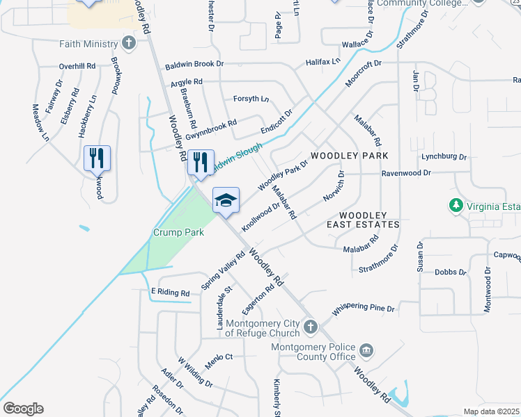 map of restaurants, bars, coffee shops, grocery stores, and more near 2636 Knollwood Drive in Montgomery