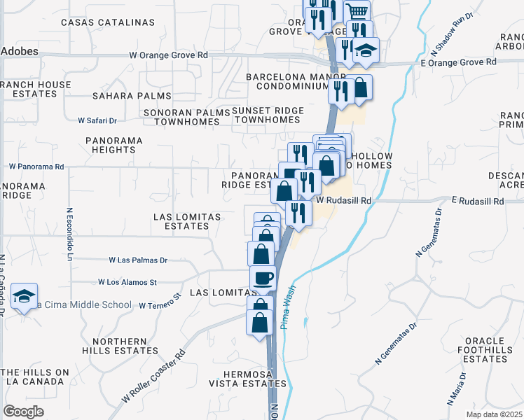 map of restaurants, bars, coffee shops, grocery stores, and more near 5921 North Oracle Road in Tucson