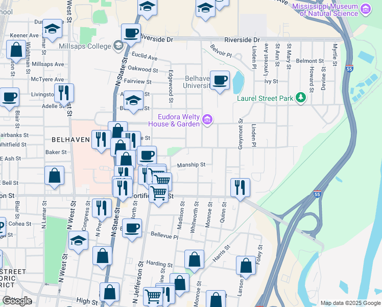 map of restaurants, bars, coffee shops, grocery stores, and more near 1030 Manship Street in Jackson