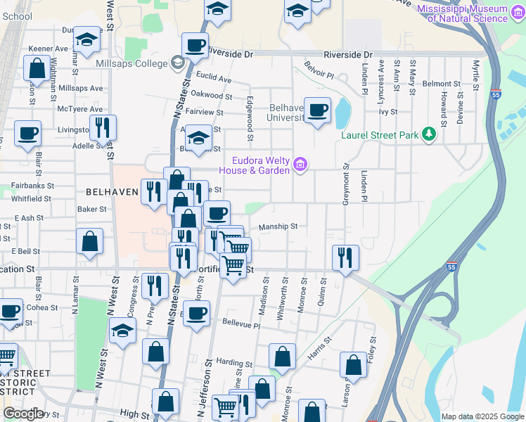 map of restaurants, bars, coffee shops, grocery stores, and more near 1030 Manship Street in Jackson