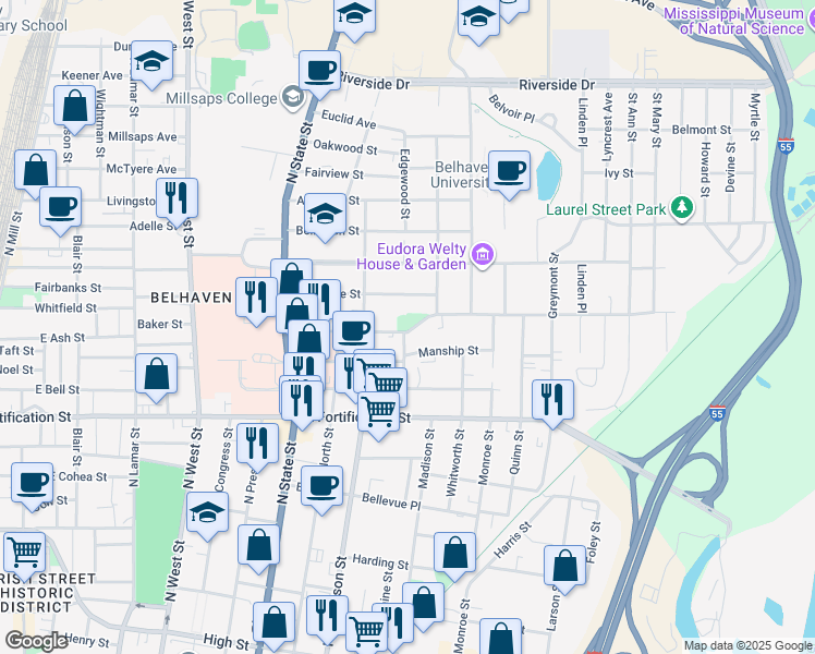 map of restaurants, bars, coffee shops, grocery stores, and more near 1211 Kenwood Place in Jackson