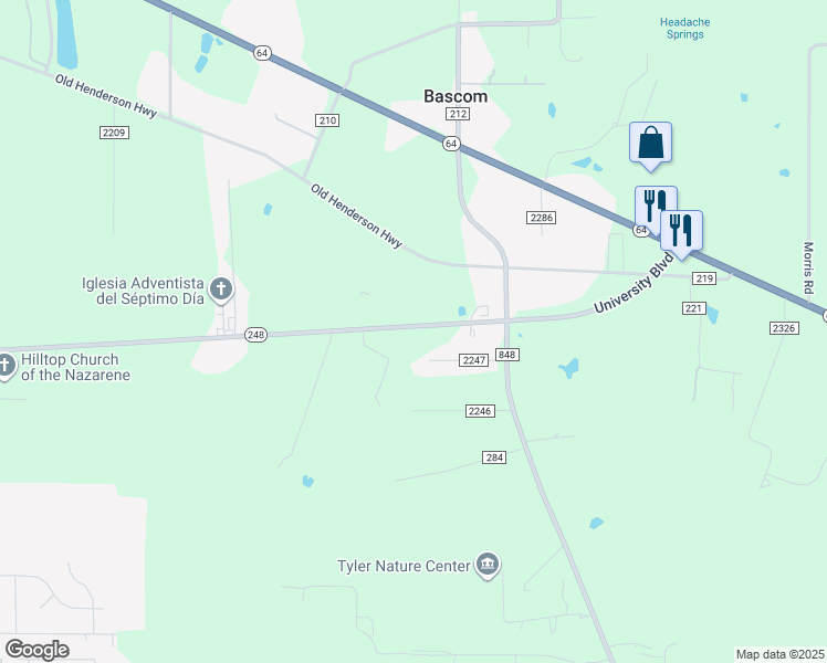 map of restaurants, bars, coffee shops, grocery stores, and more near 11566 County Road 2247 in Tyler