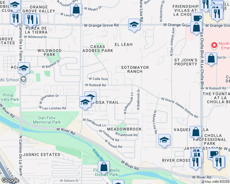 map of restaurants, bars, coffee shops, grocery stores, and more near 2665 West Moonbrook Place in Tucson