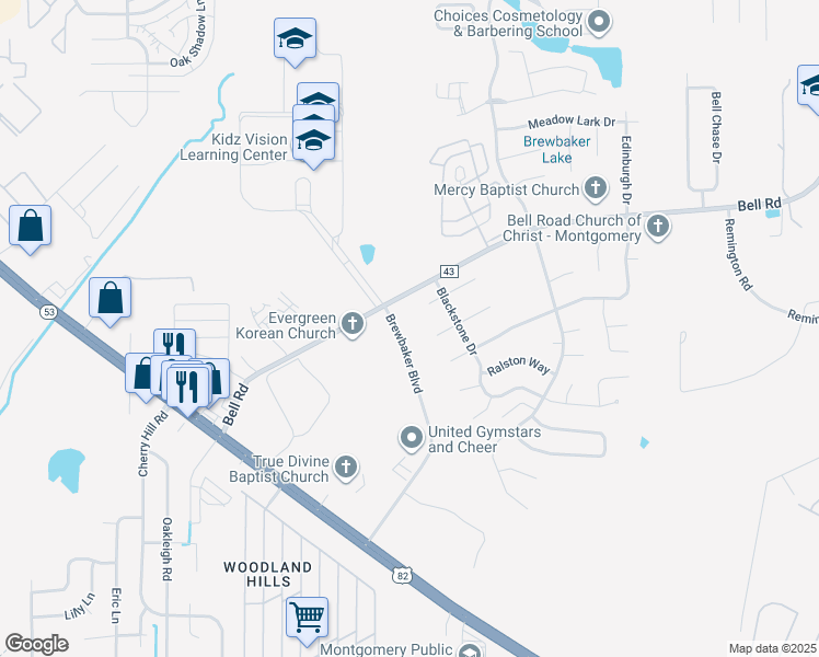 map of restaurants, bars, coffee shops, grocery stores, and more near 5827 Brewbaker Boulevard in Montgomery