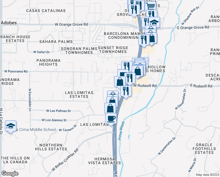 map of restaurants, bars, coffee shops, grocery stores, and more near 6031 North Panorama Park Drive in Tucson