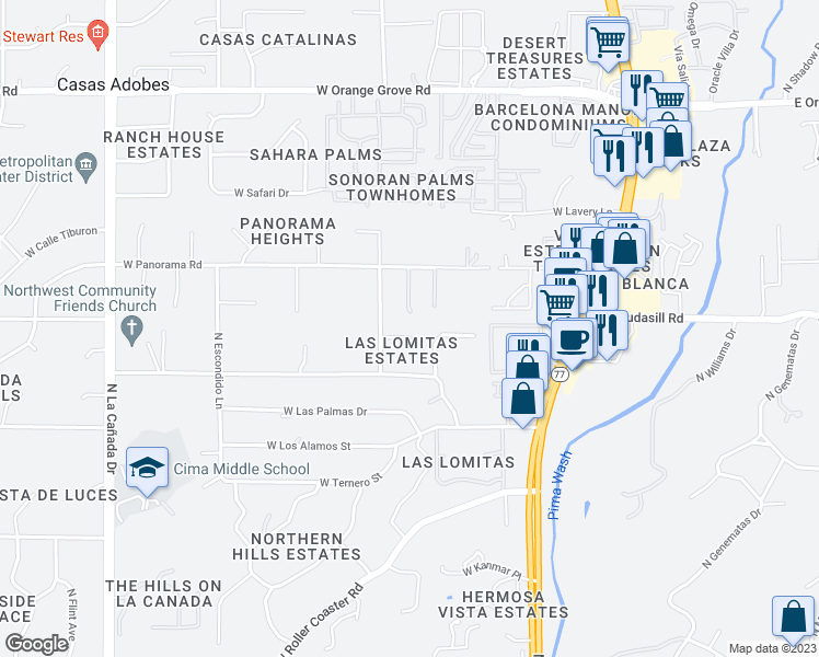 map of restaurants, bars, coffee shops, grocery stores, and more near 6020 North Pete Dawson Road in Tucson