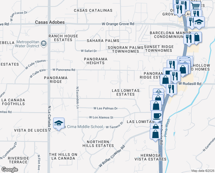 map of restaurants, bars, coffee shops, grocery stores, and more near 985 West Panorama Road in Tucson